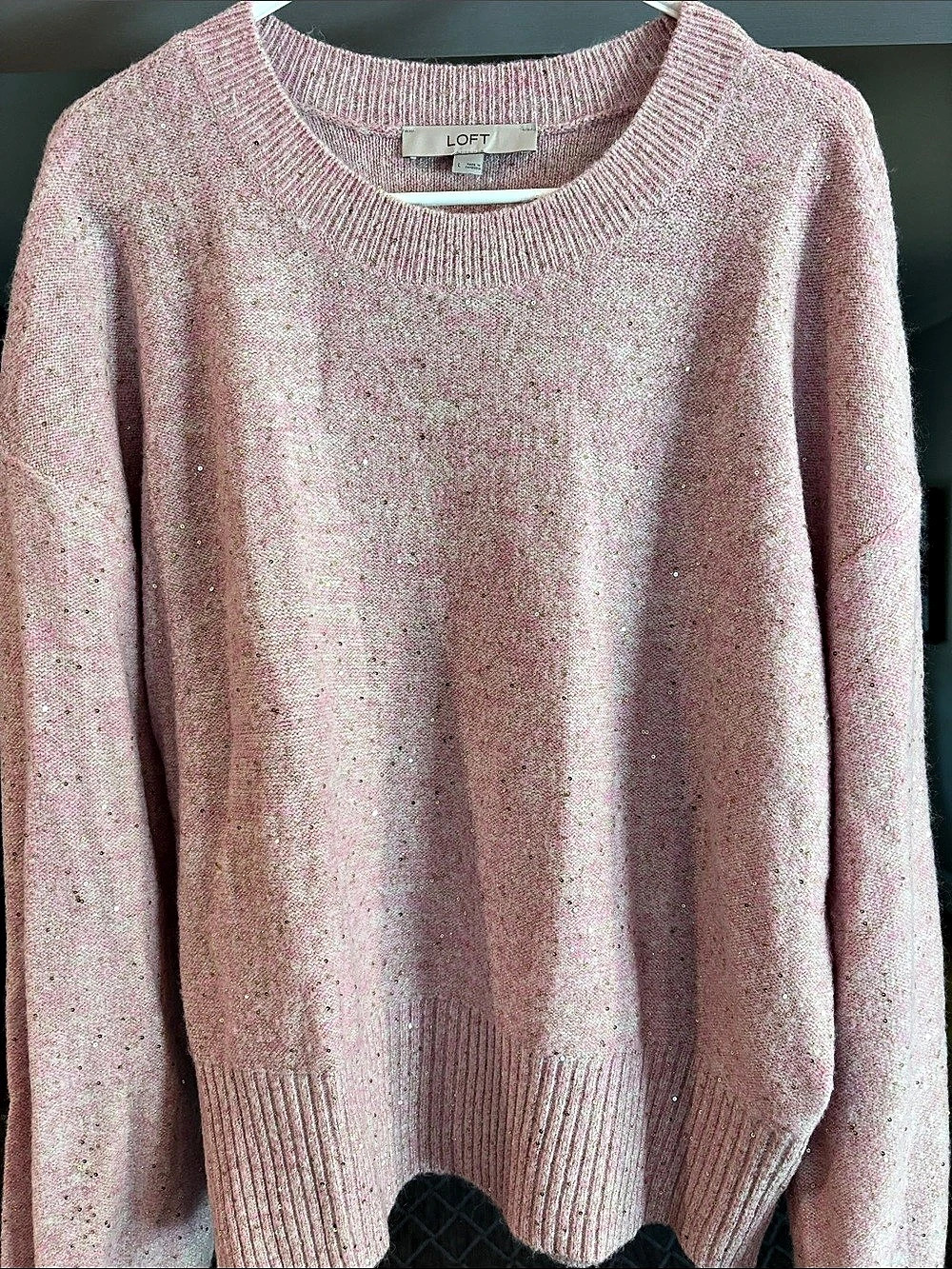 LOFT Sequin Knit Crew Neck Sweater in Pink Size Large